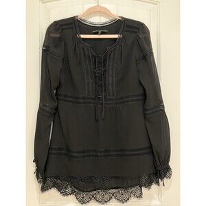 White House Black Market Sz 6 Black Tunic Lined Lace Accent Blouse Sheer Boho *A
